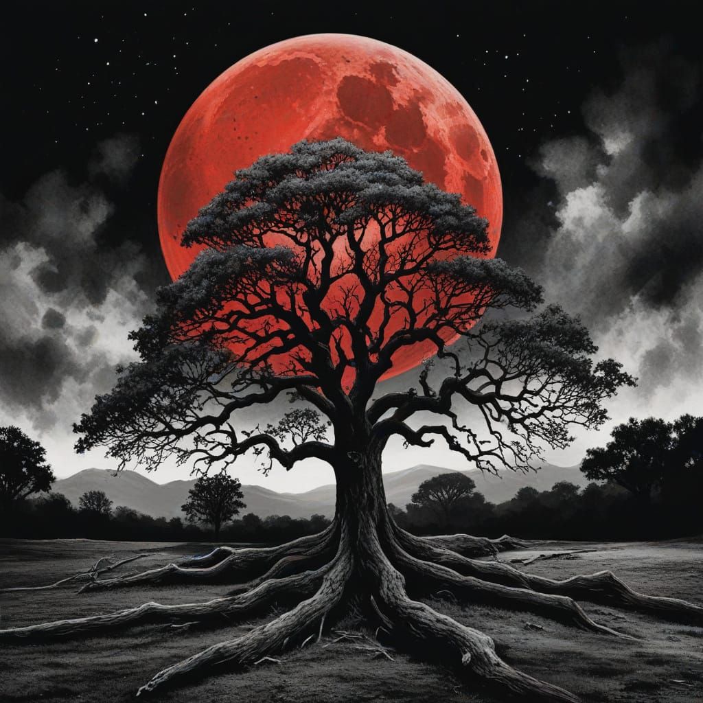 Oak Tree Under Blood Moon in Charcoal Painting Style