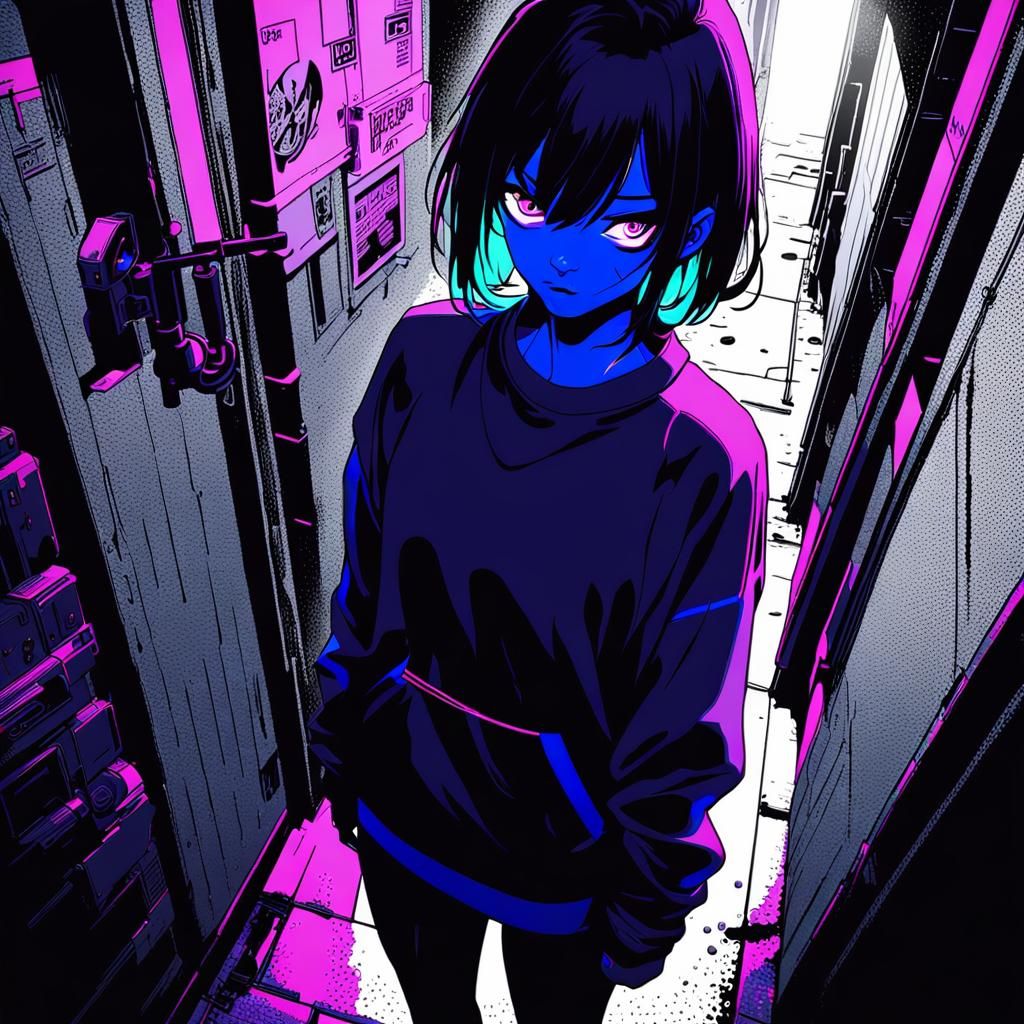 Anime Tomboy in Neon Alleyway, Cel-Shaded Style