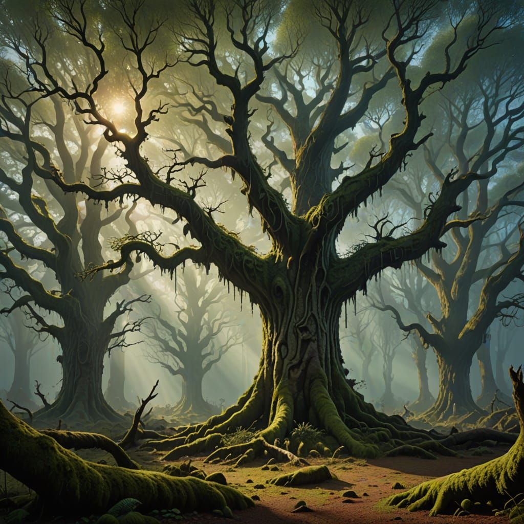 Enchanted Forest Scene with Sunlit Fog and Ancient Trees