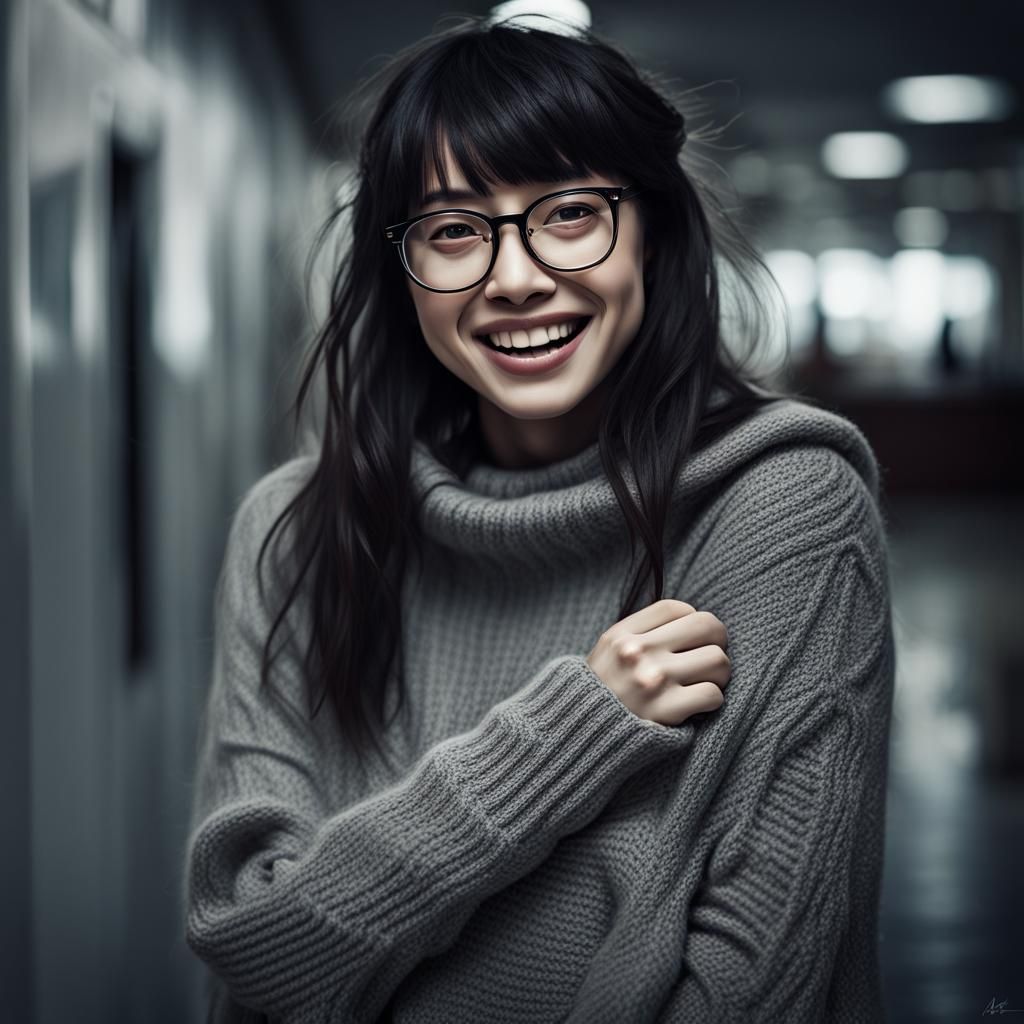 Hyperrealistic Image of a Shy Woman Laughing
