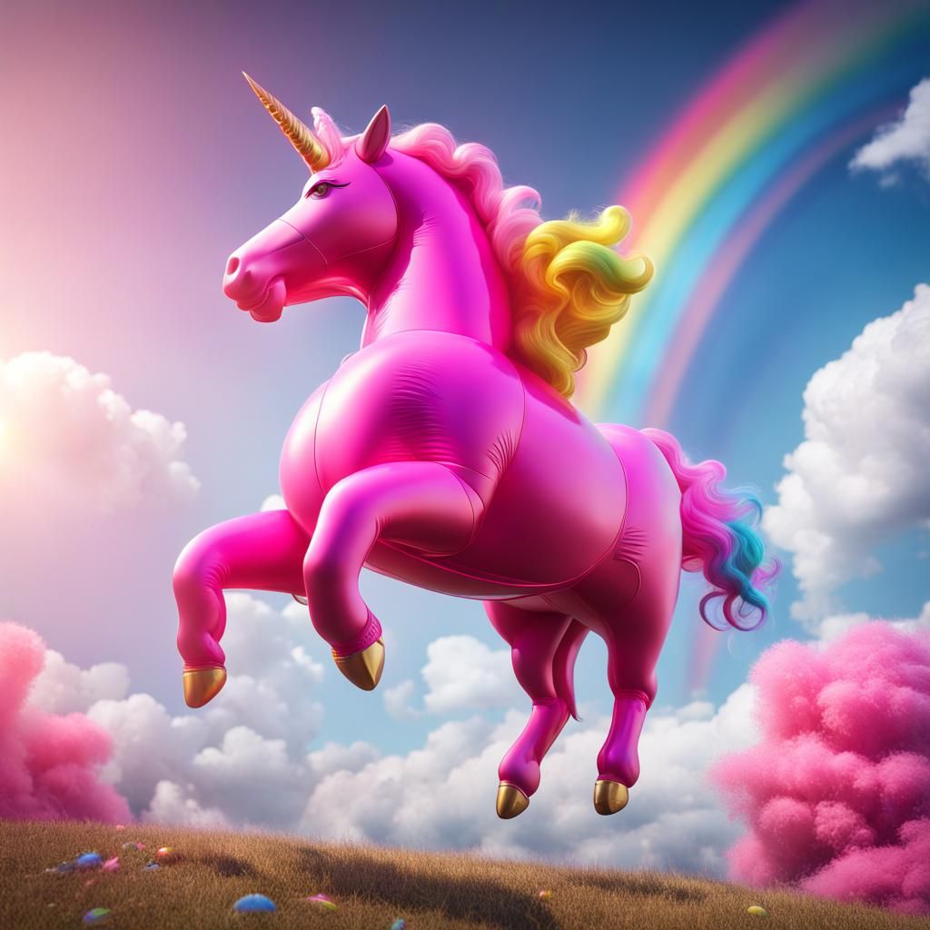 Hot Pink Unicorn Floats Through Rainbow Sky