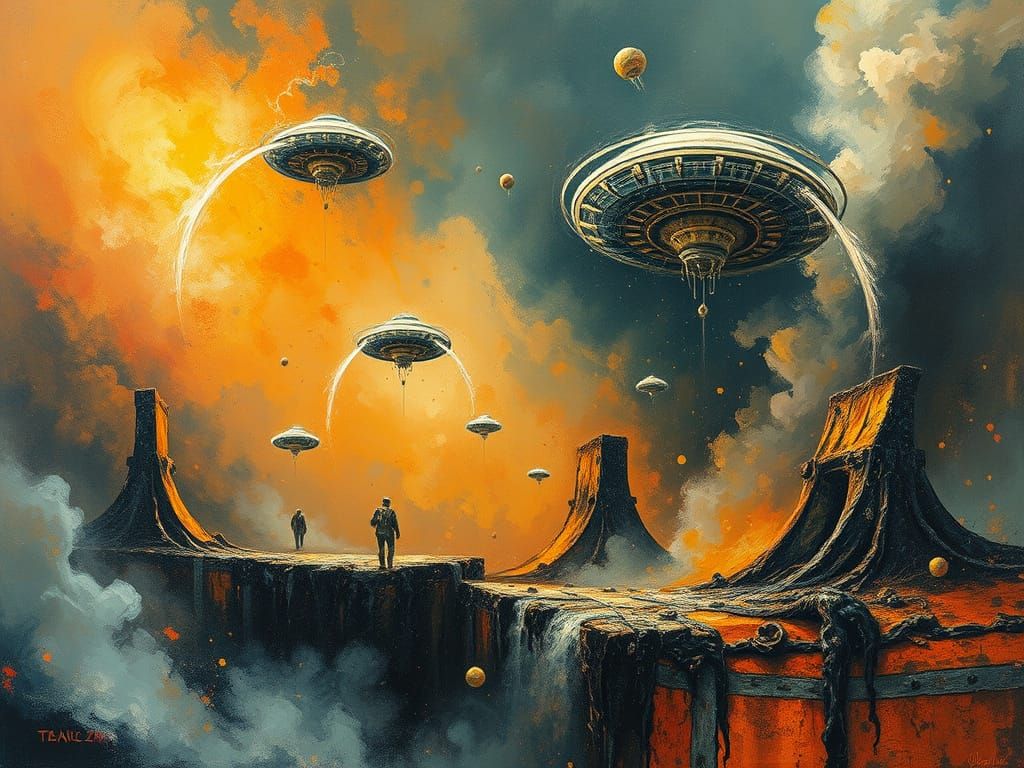 UFOs and Zeppelins in Palette Knife Oil Painting