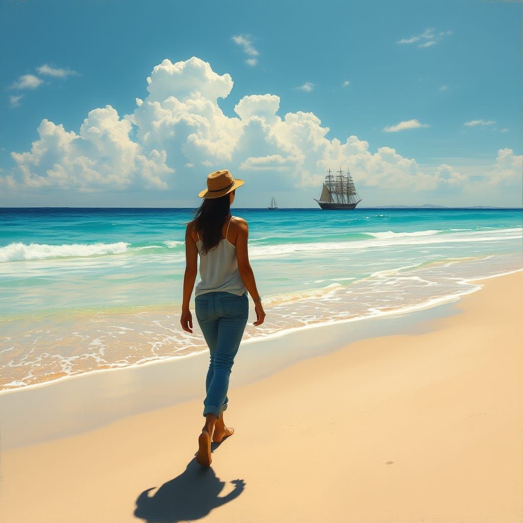 Woman on Beach with Sailing Ship in Dreamy Style