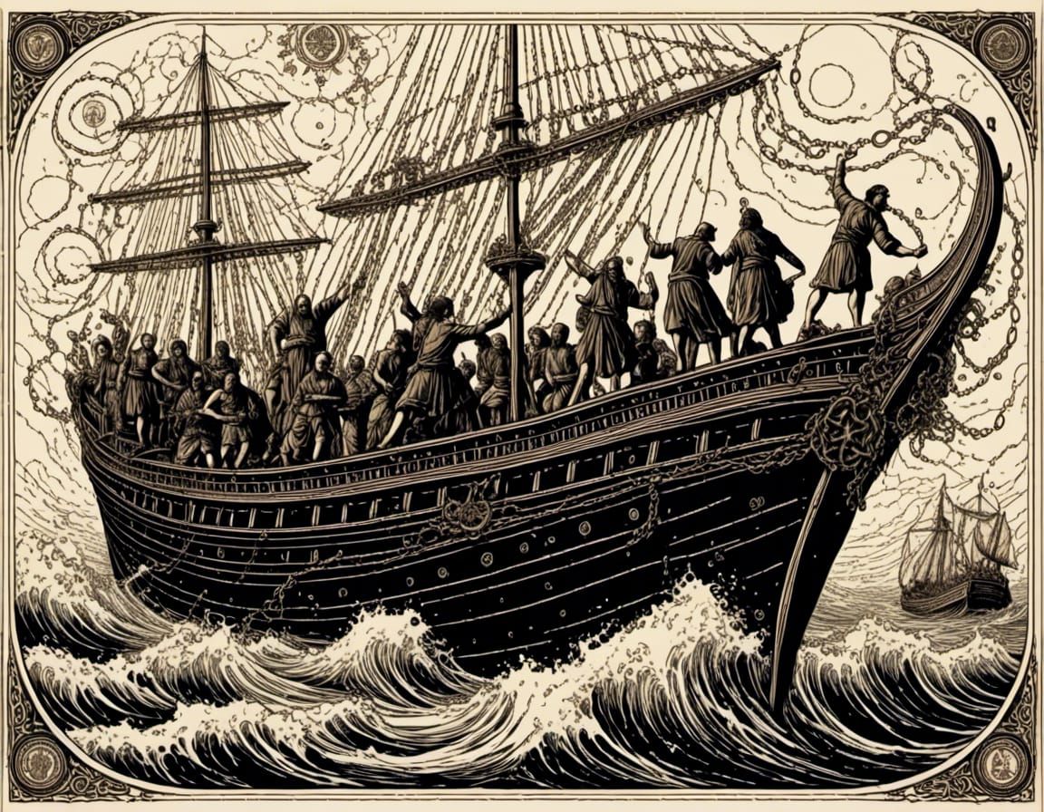 etching of people traders on a ship