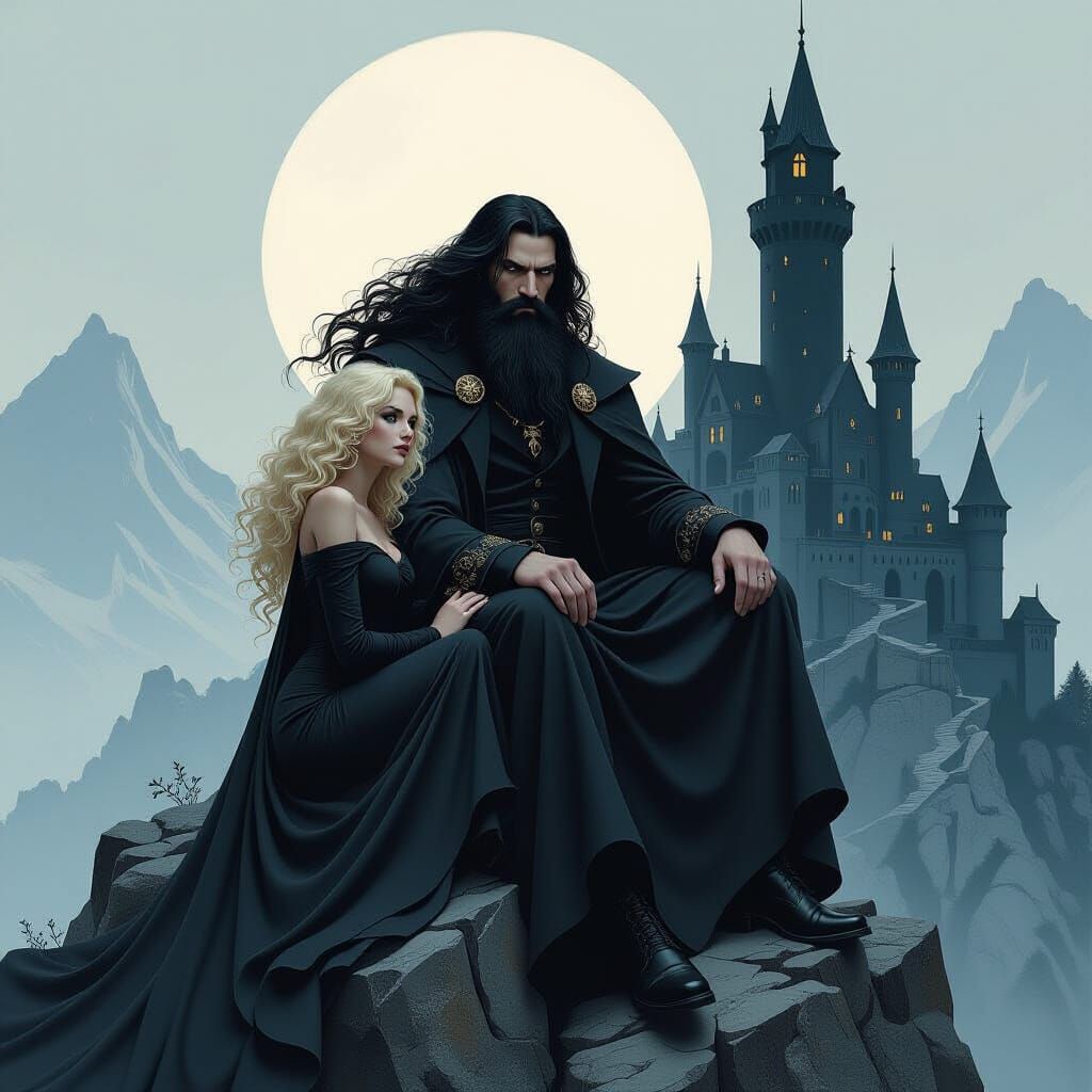 Dark Wizard Surveys Kingdom from Jagged Mountain