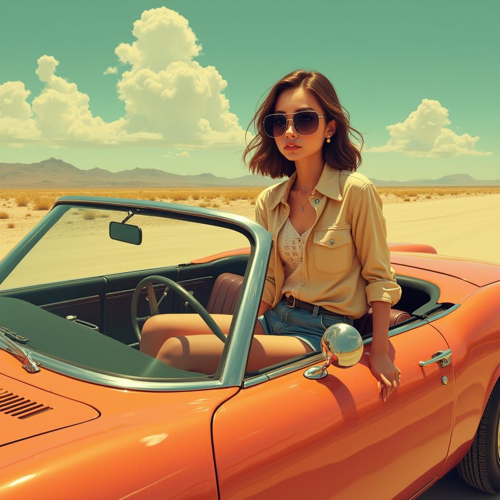 Girl in Vintage Car, Retro-Futuristic Style