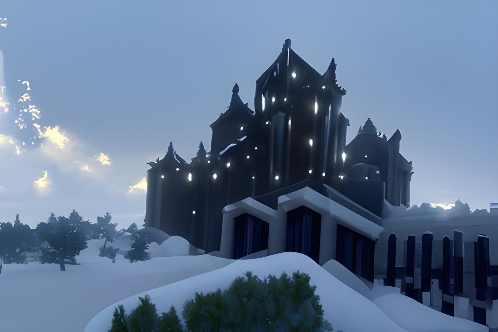 Snowy Gothic Castle with Volumetric Lighting in 8K