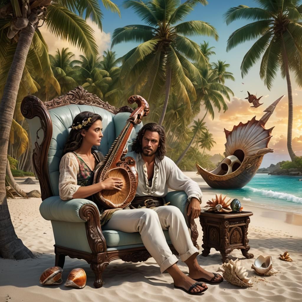 Harpist and Conch Creature on Tropical Beach