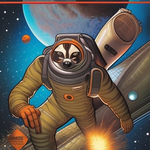 Racoon Cosmonaut in Comic Book Style