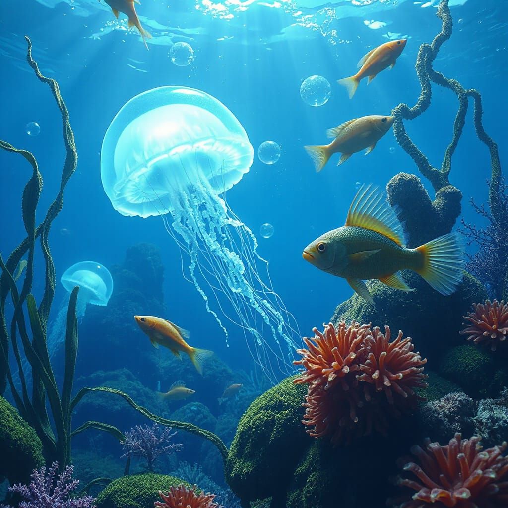 Glowing Jellyfish in Bioluminescent Underwater World