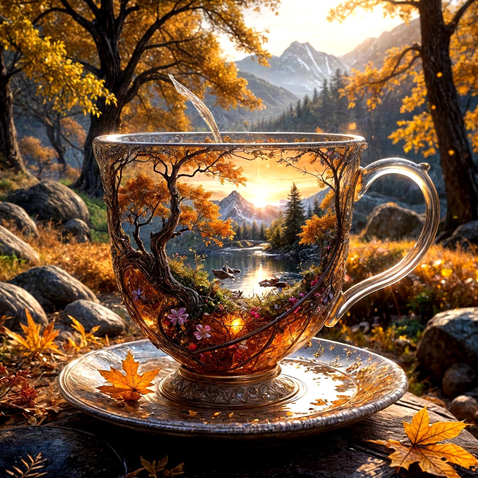 Surreal Autumn Landscape in Delicate Crystal Tea Cup