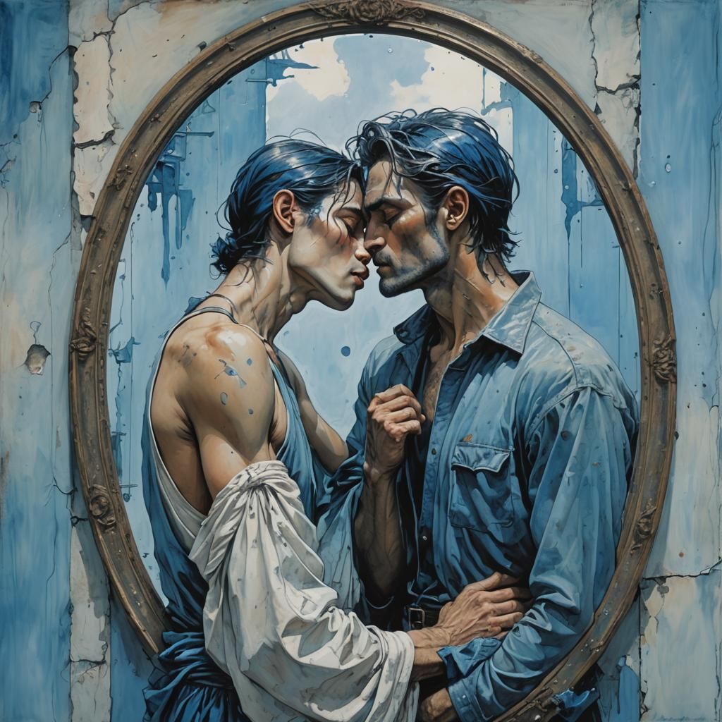 Passionate Mirror Kiss in Blue, Comic Art Style