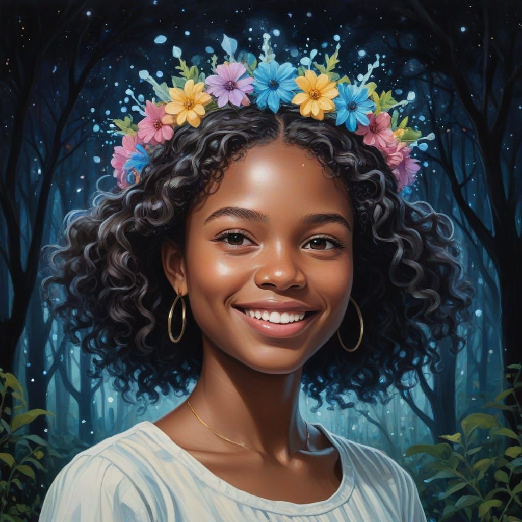 Joyful Girl With Glowing Flower Crown in Shimmering Grove