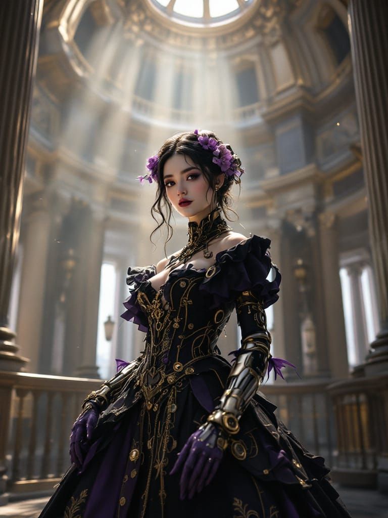 Steampunk Noblewoman with Mechanical Arms in Palace