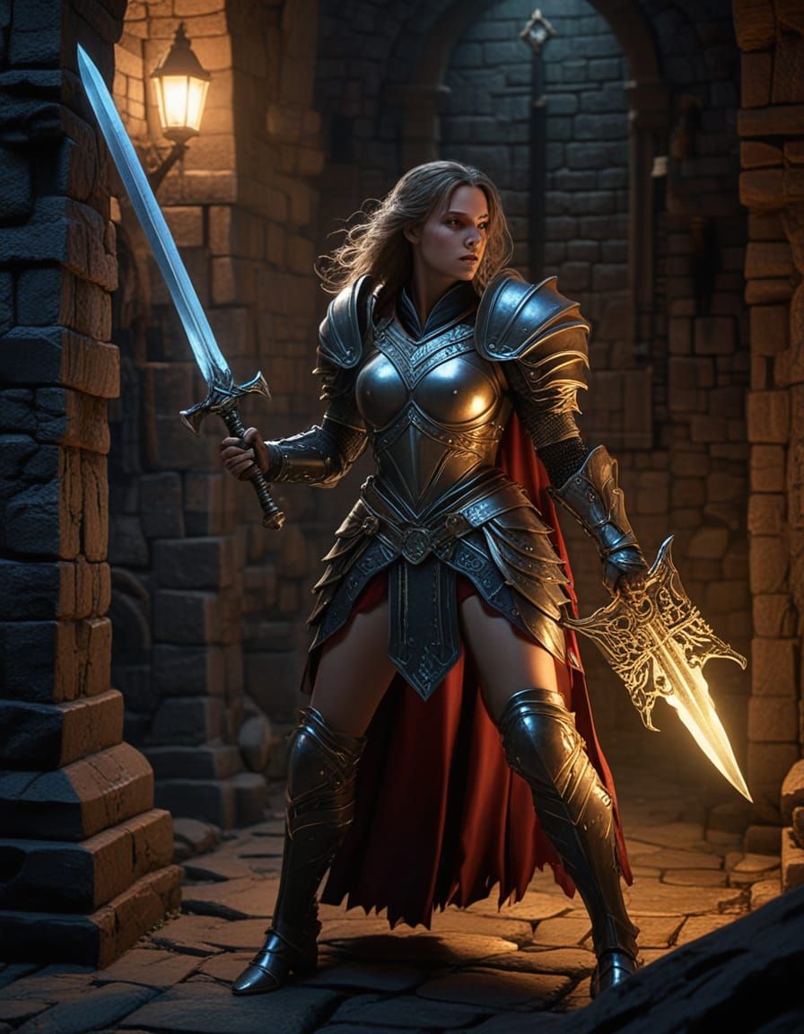 Epic Fantasy Female Cleric in Shining Armor Enters Dark Dung...
