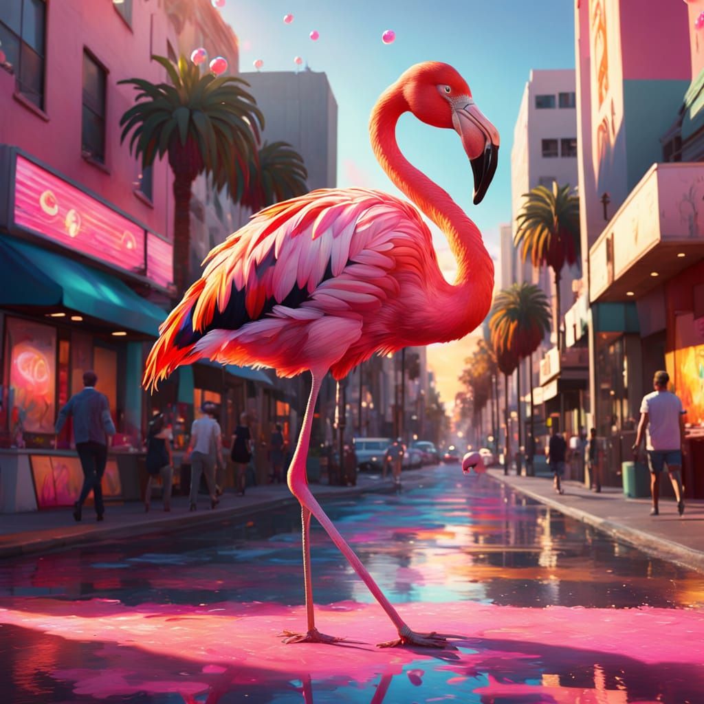 Pink Flamingo Strutting Down Hollywood Boulevard