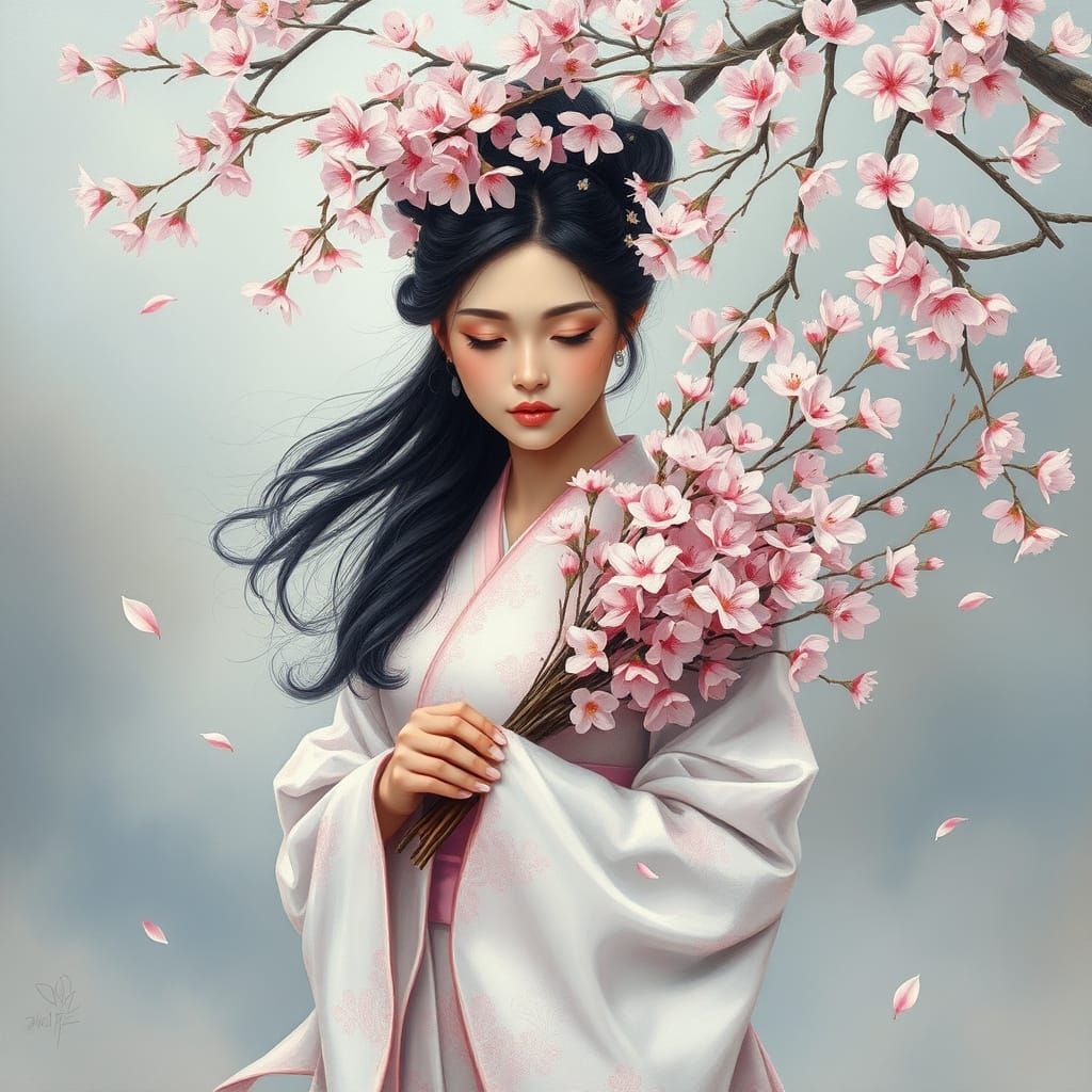 Woman in Kimono Amidst Blooming Sakura Tree