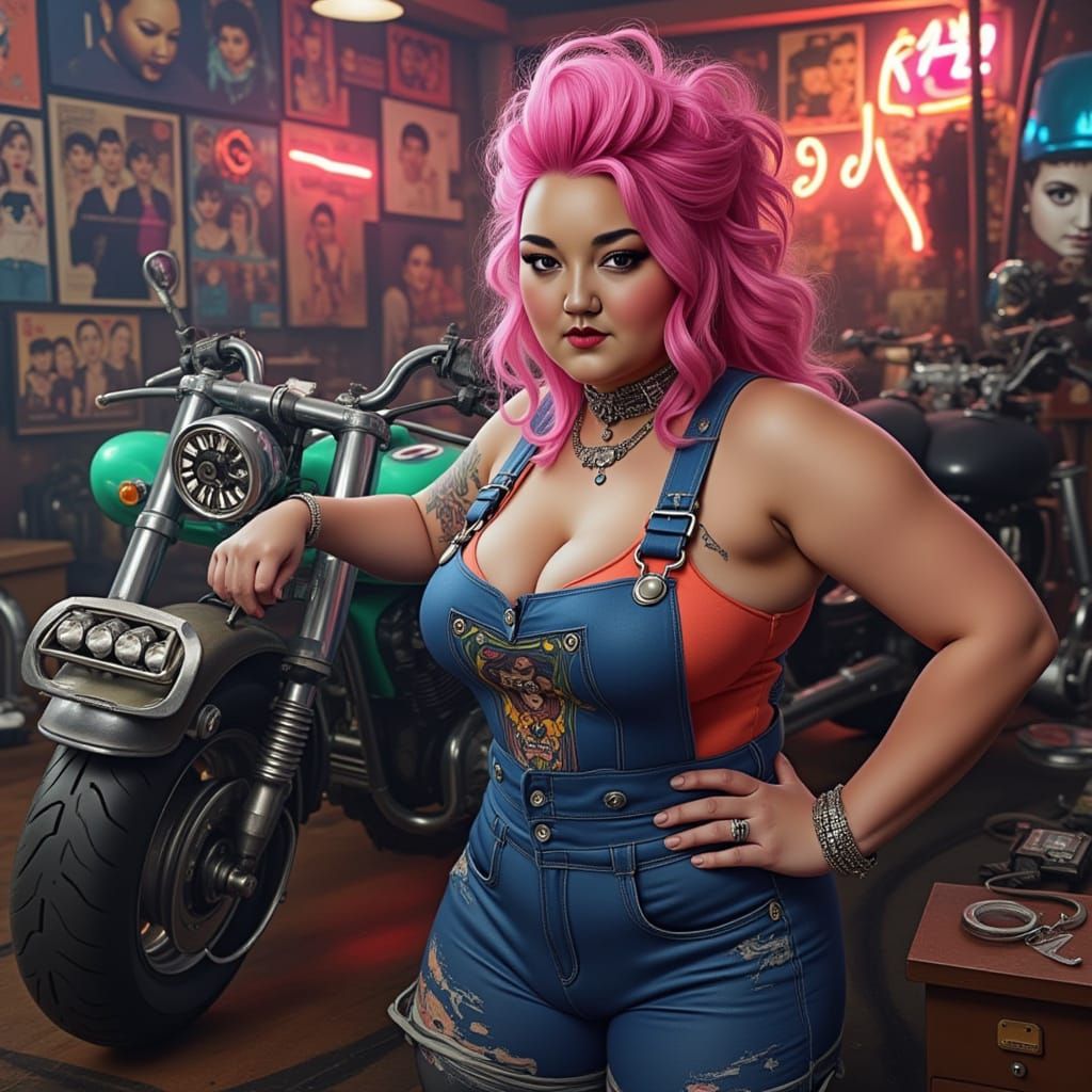 Plus-Size Cyberpunk Mechanic Repairs Hoverbike in Hyperreali...