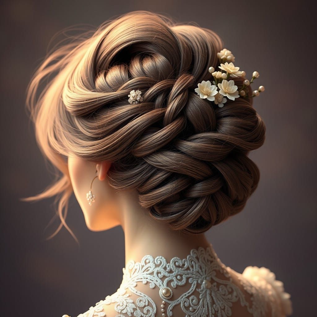 Elegant Bride in High-Fashion Braided Updo with Pearls and F...