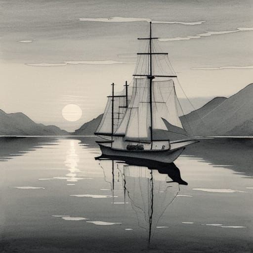 Ink Wash Painting of Sun and Boat on Calm Water