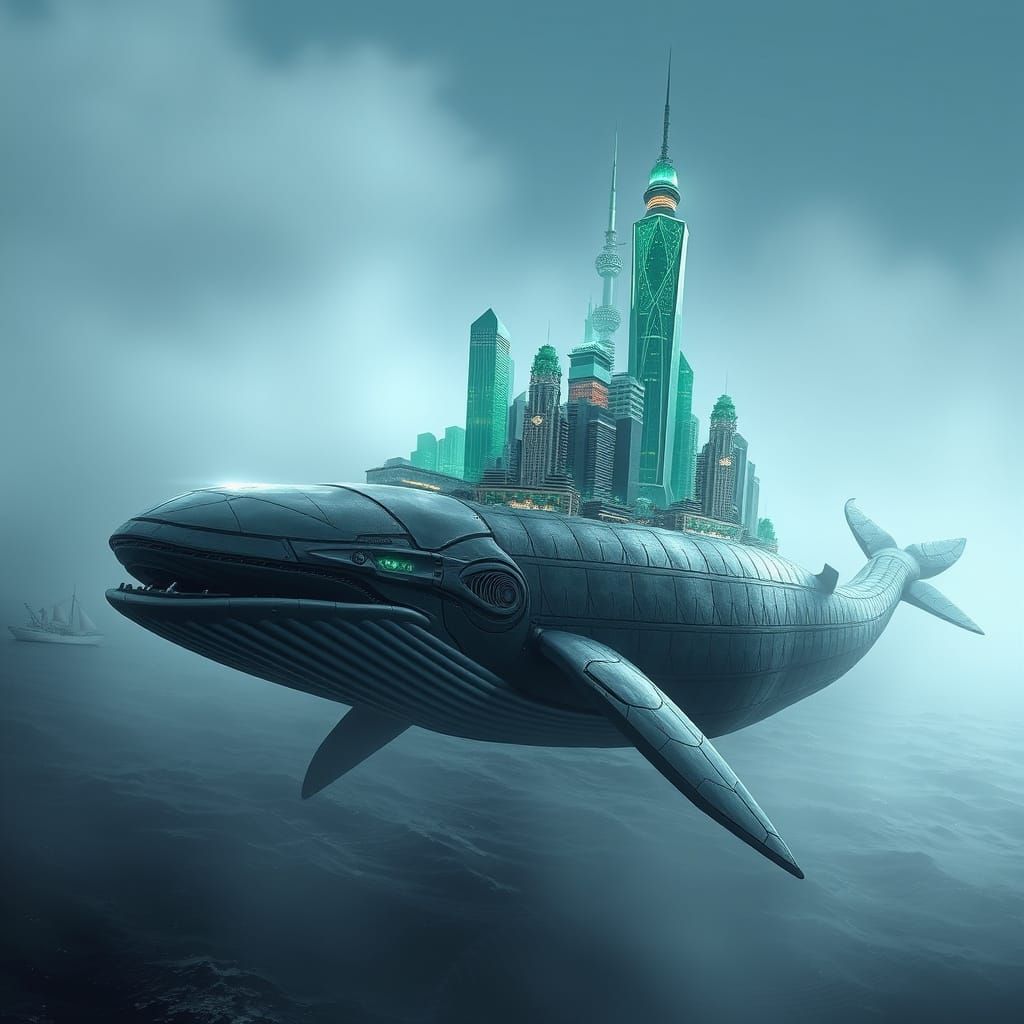 Futuristic Green Crystal City on Robotic Whale