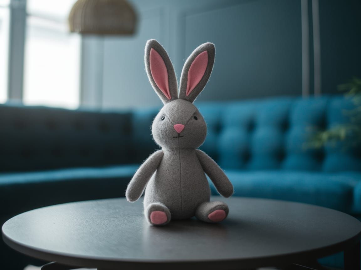 Cinematic Felt Craft Bunny on Coffee Table