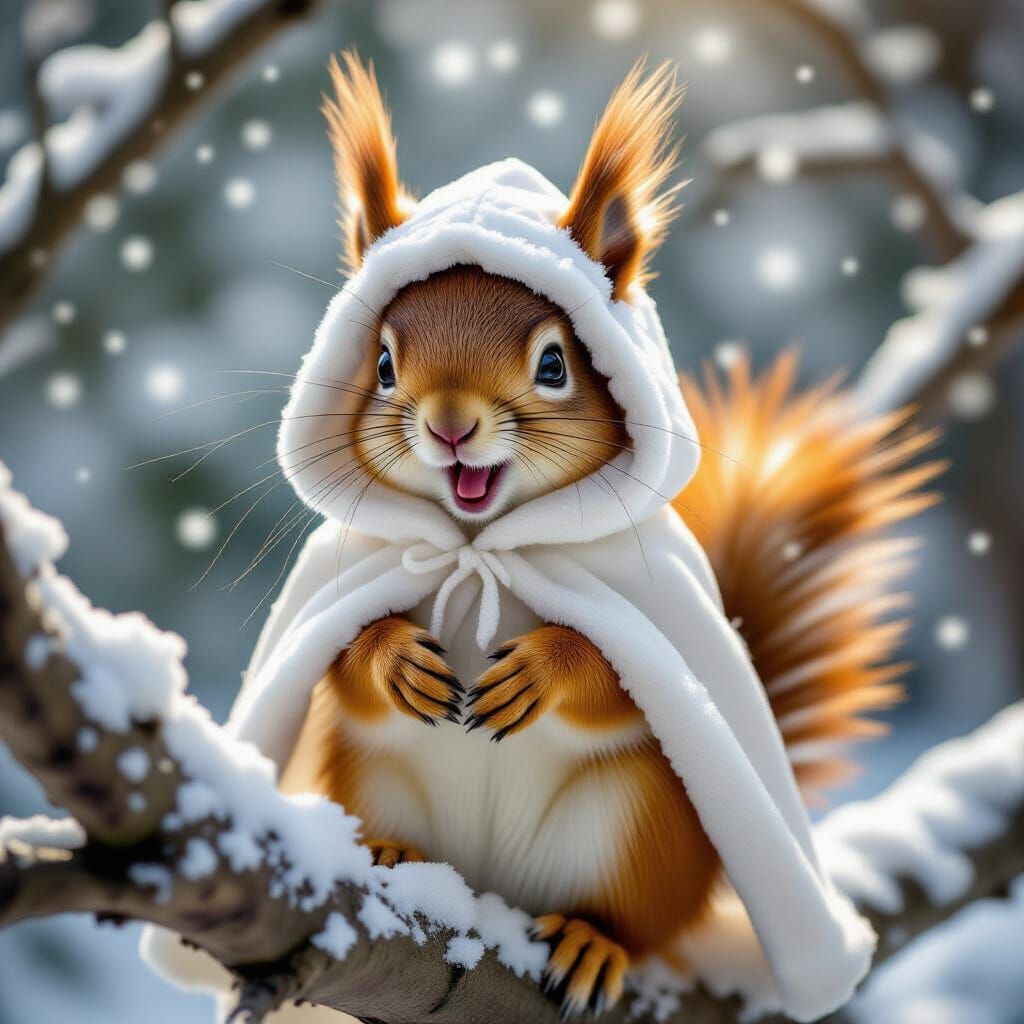 Red Squirrel in Snowy Scene Inspired by Beatrix Potter
