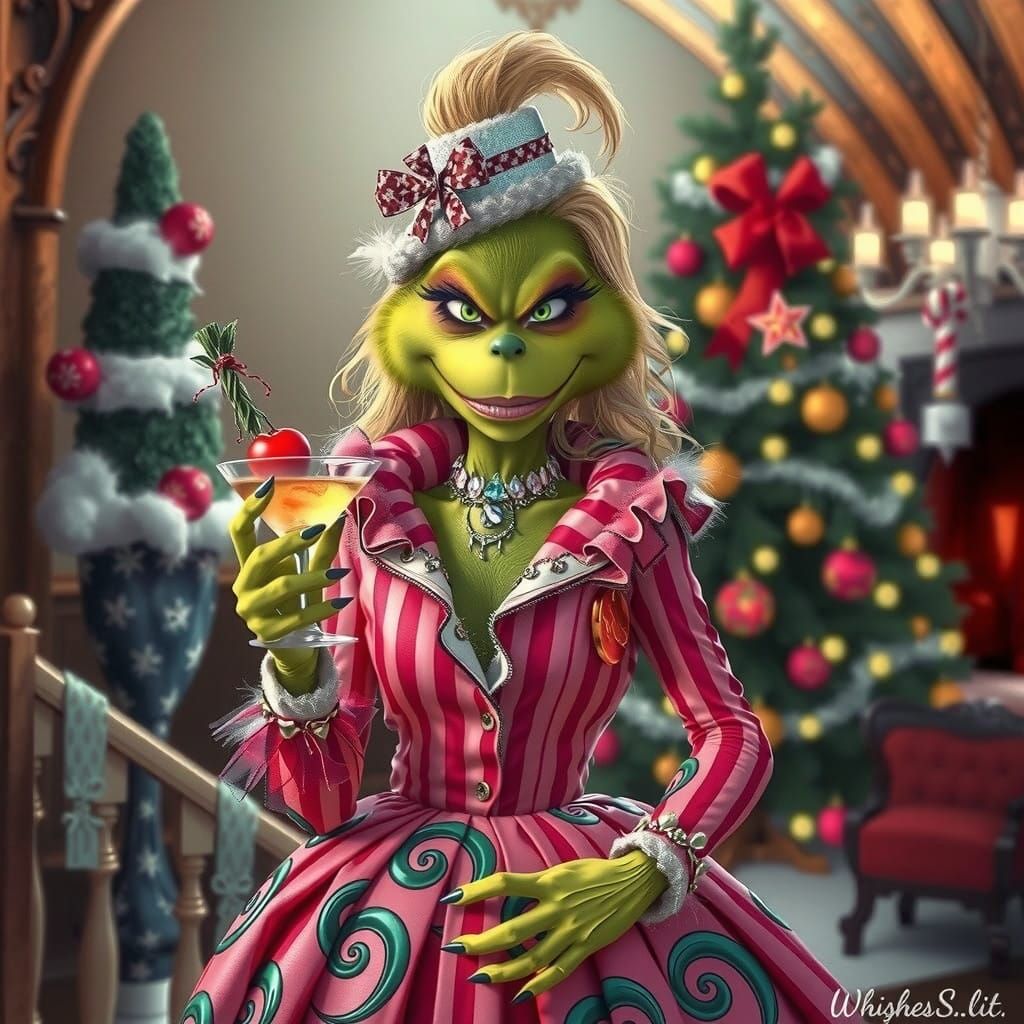Emerald Whimsy Goddess Sips Christmas Martini in Whoville Ha...