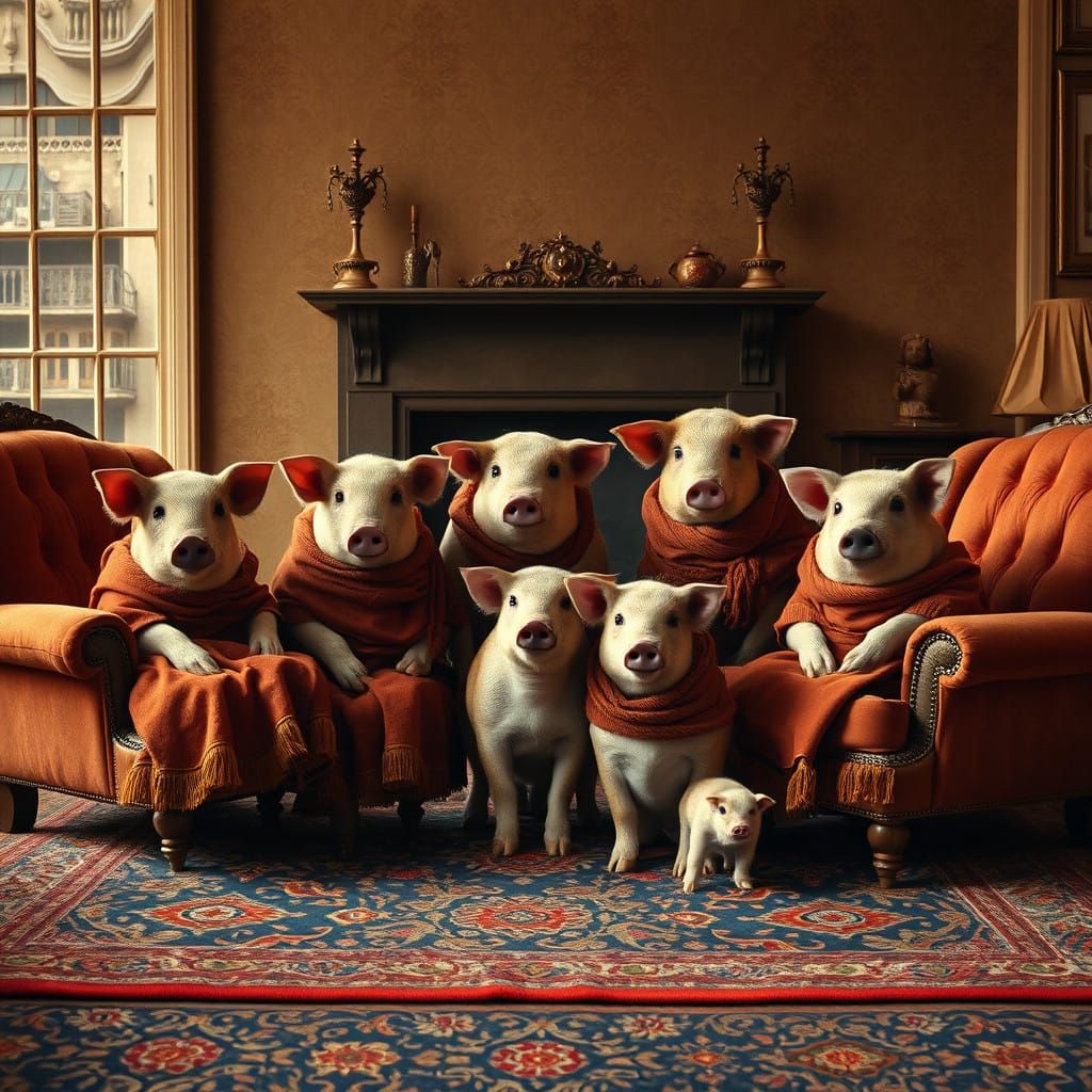 Idyllic Hog Family Gathered in 19th-Century Parlour Style