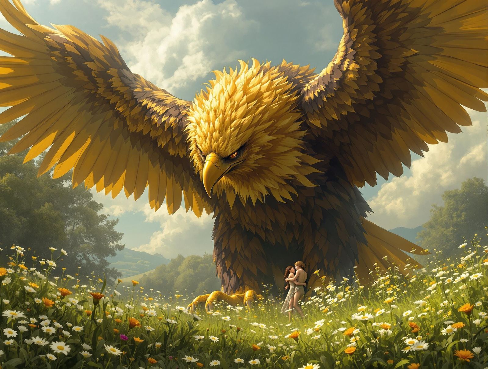 Golden Eagle Comforts Human: Hyperrealistic Digital Painting