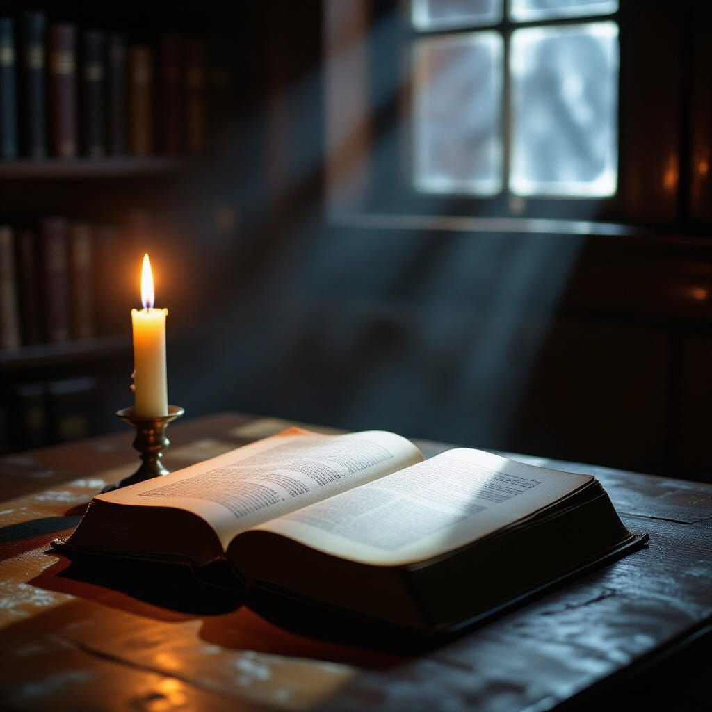 Candlelit Book in Shadowy Room