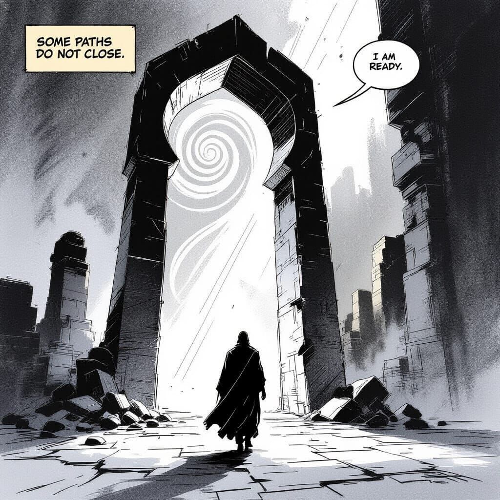 Prophet Faces Abstract Doorway in Charcoal Comic Style