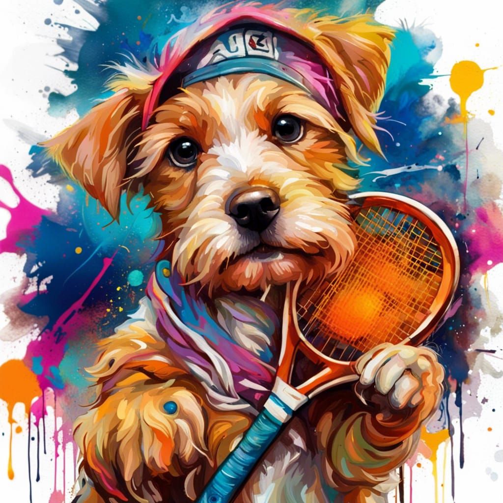 Portrait of sporty puppy holding racket wearing tennis band
