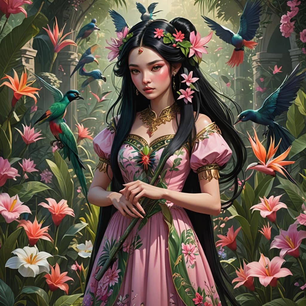 Goddess in Flower Garden with Birds of Paradise