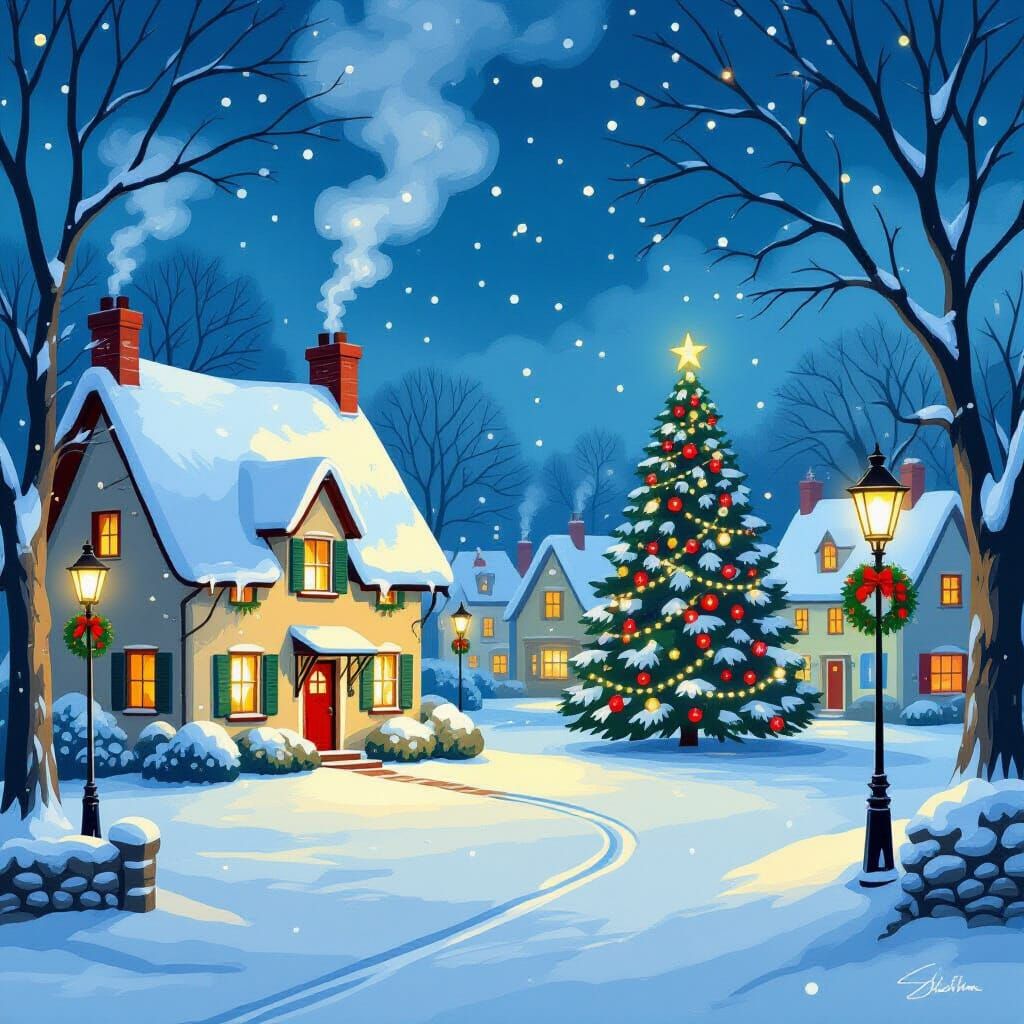 Cozy Snowy Village Christmas Scene in Storybook Style