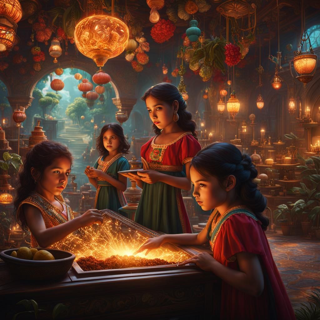 Mexican Women and Children in STEM, Detailed Matte Painting