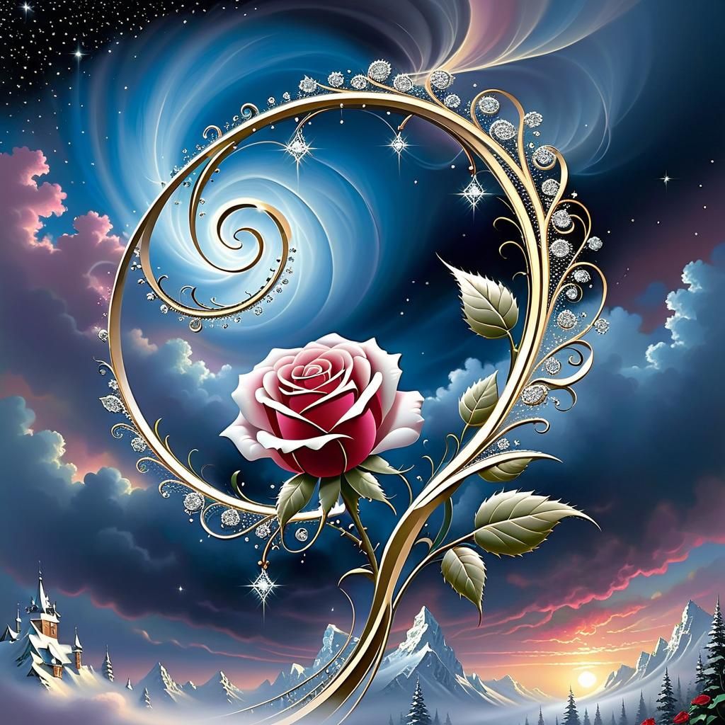 Cosmic String Art Rose in Ethereal Sky