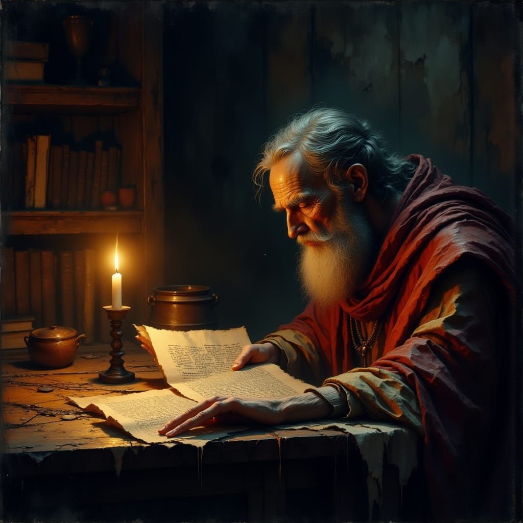Abraham Reading Scroll by Candlelight in Dark Room