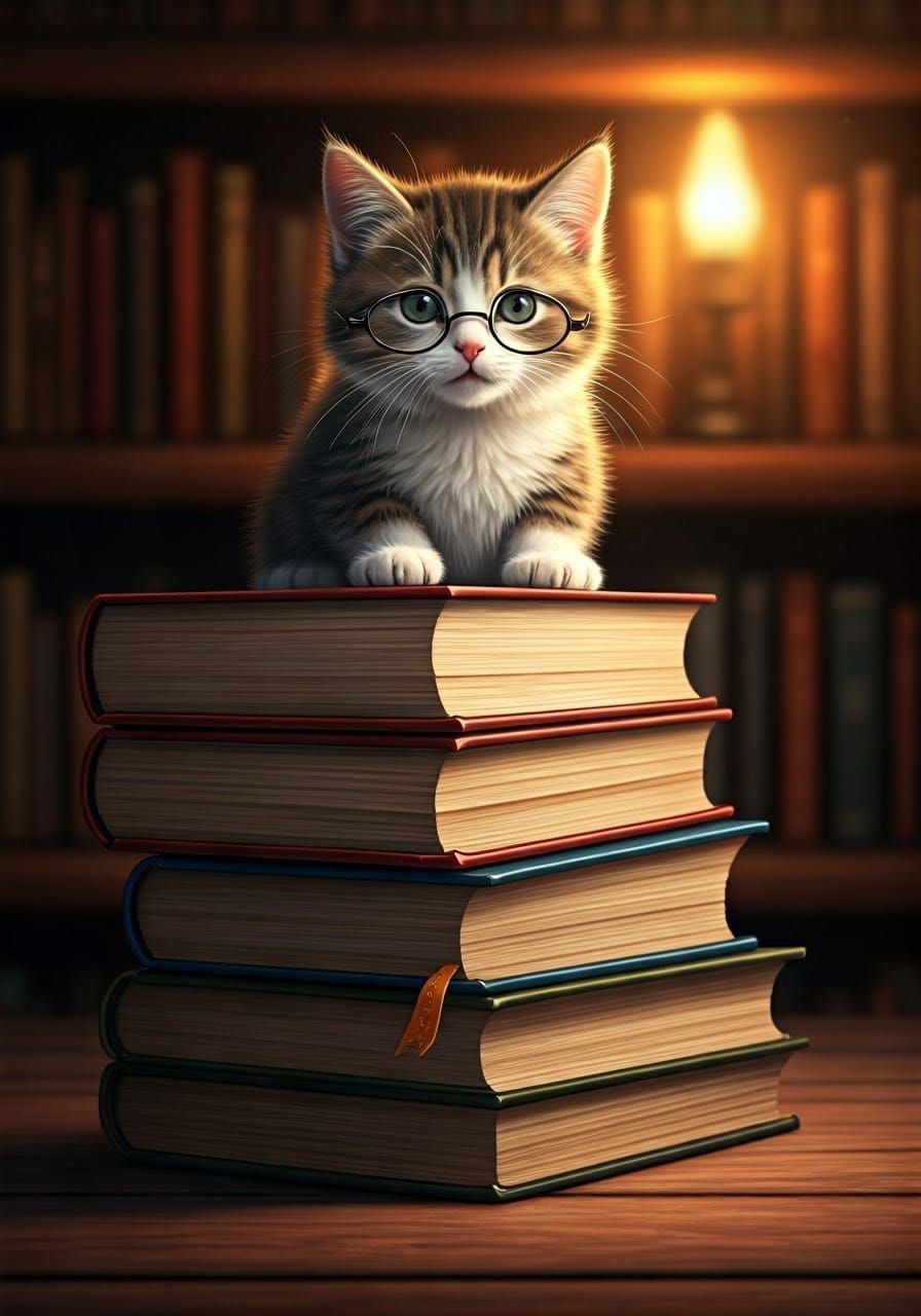Kitten with Glasses on Book Tower, Illustrated Style
