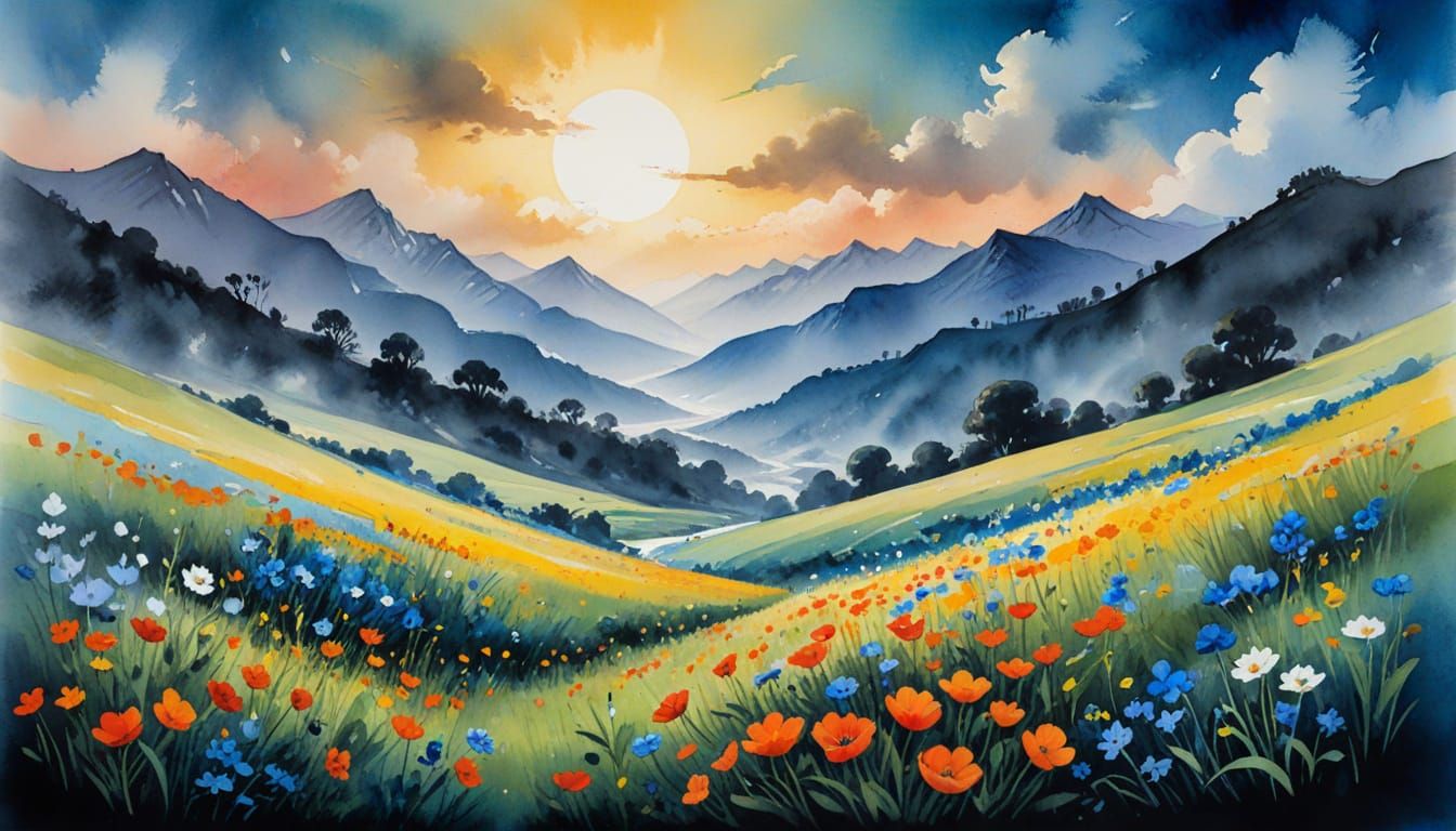 Valley of Flowers as Ink Wash Painting