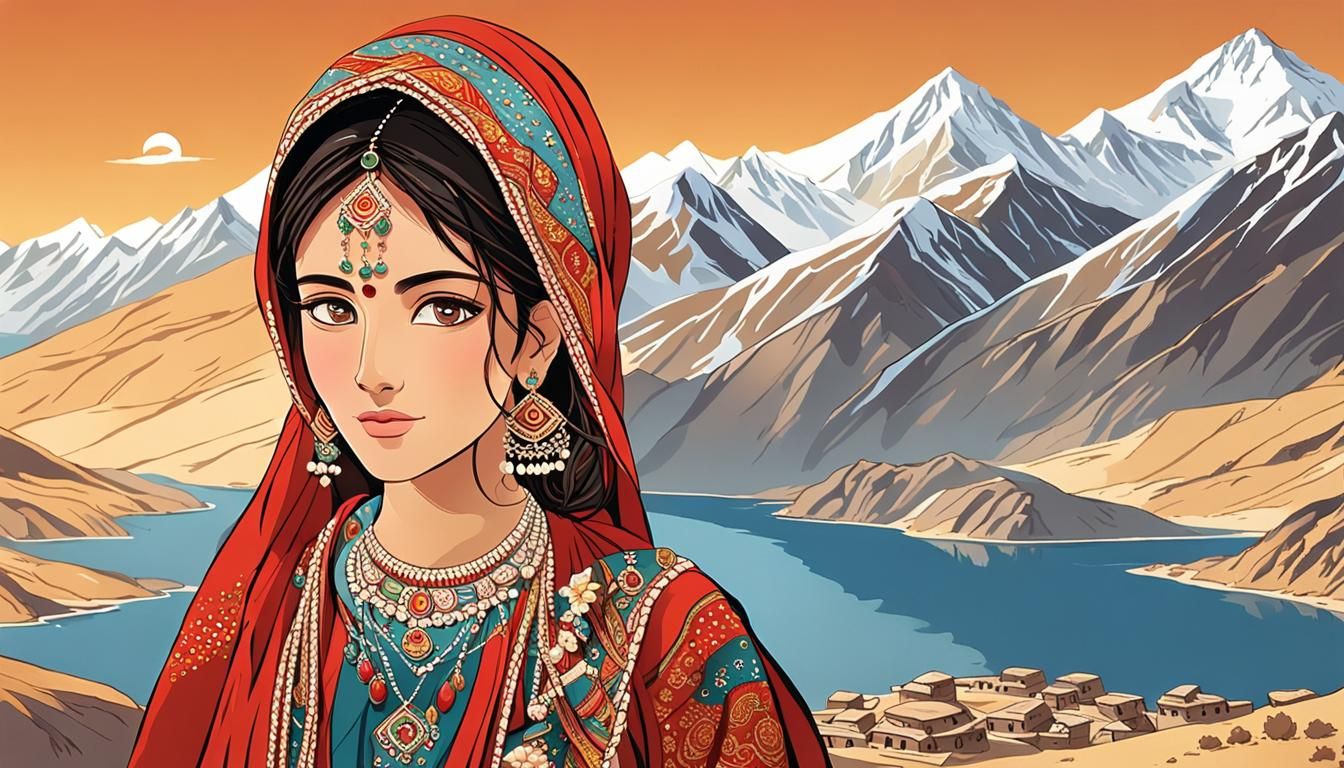 Stunning Afghan Woman in Traditional Dress: Anime Style