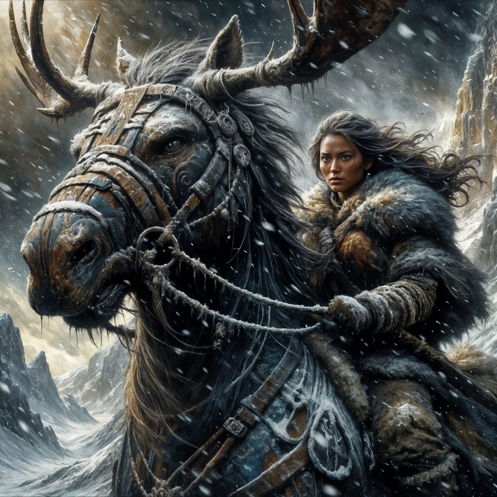 Warrior Woman on Armored Moose in Snowstorm
