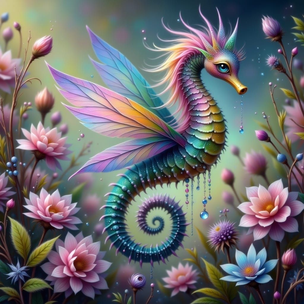 Whimsical Fairy Punk Seahorse Soars Amidst Vibrant Flowers