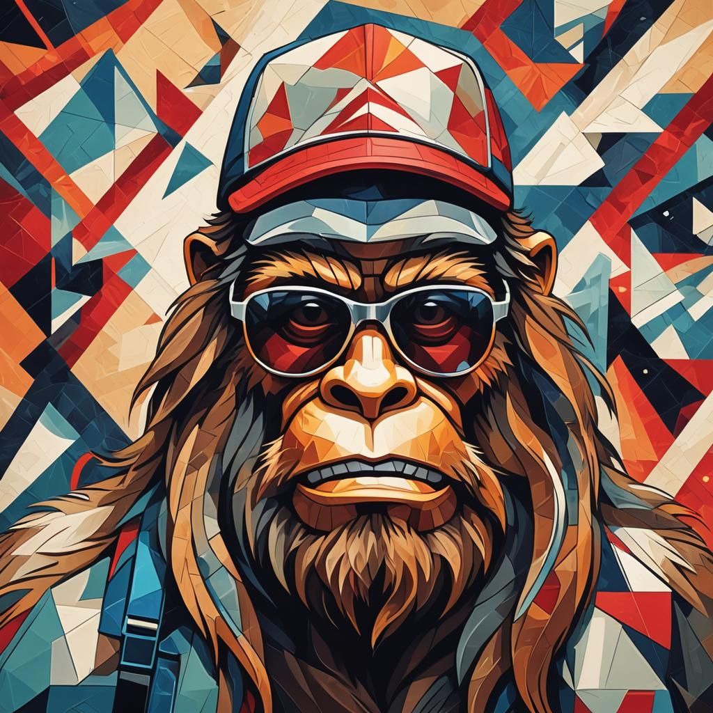 Cubist Sasquatch with Aviator Sunglasses and Trucker Hat