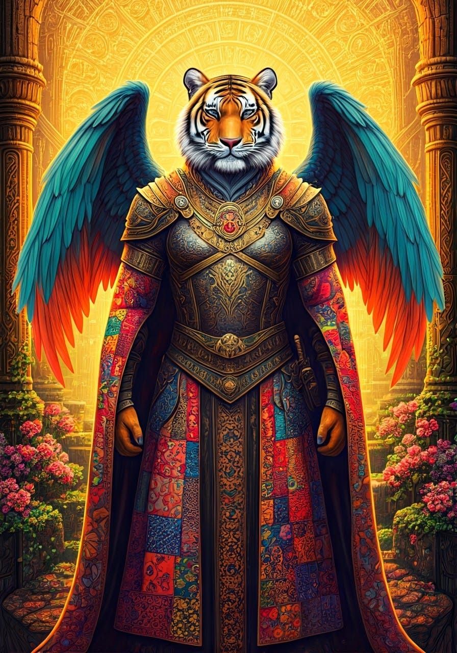 Majestic Winged Tiger in Vibrant, Surreal Fantasy Landscape