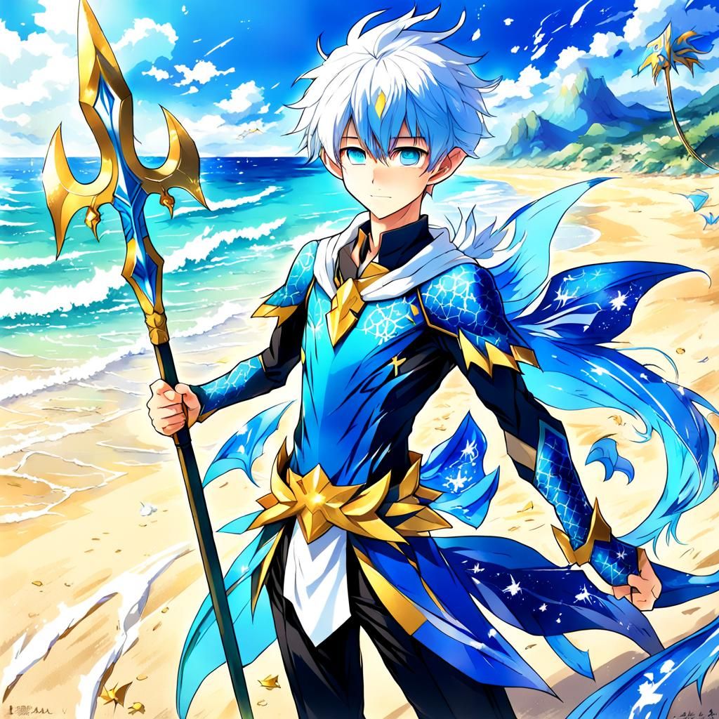 Anime Dragon Fairy Male with Trident on Beach
