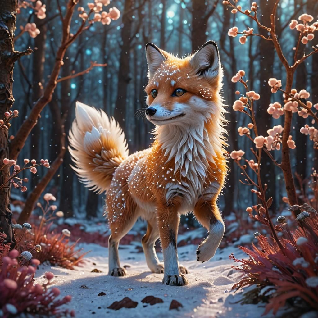 Luminous Arctic Fox in Bioluminescent Forest