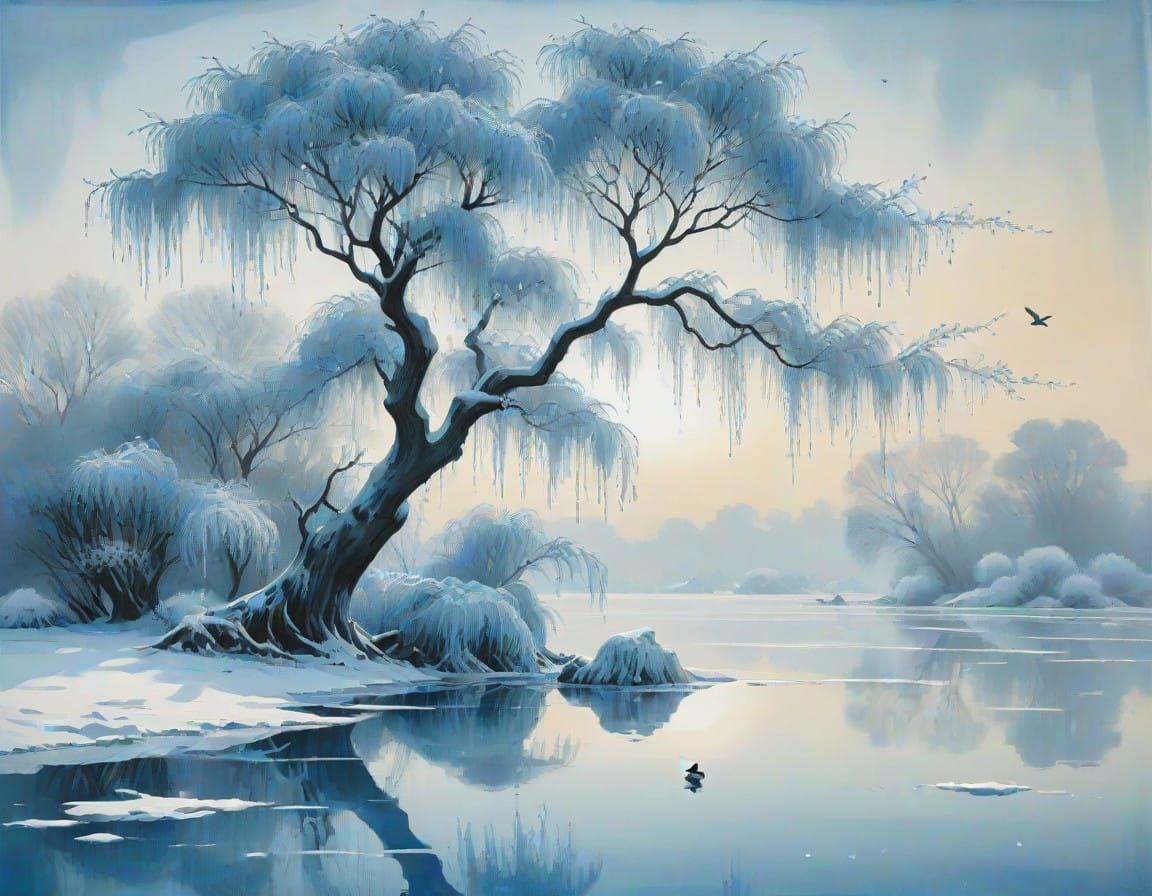 Serene Blue Monochrome Lakeside Scene