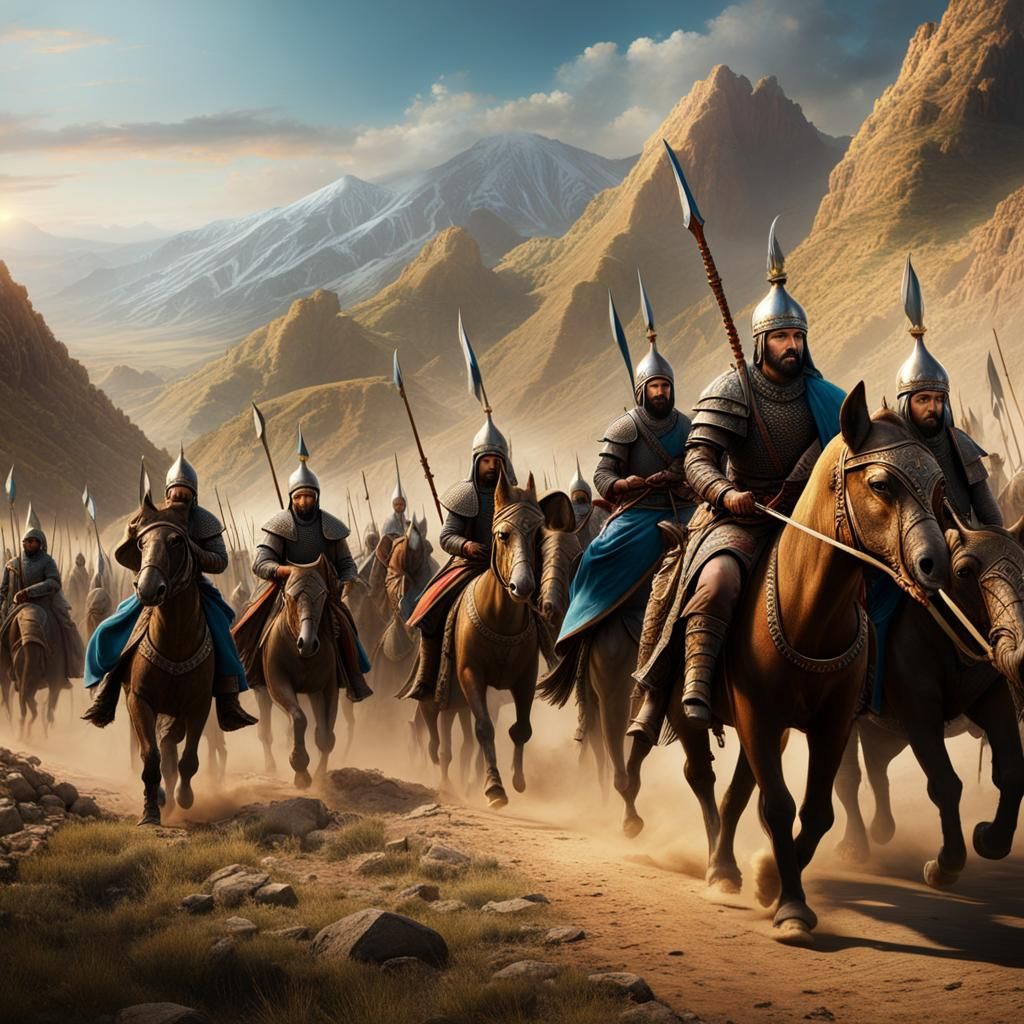 Timurid Warriors and War Elephants in Persia: Detailed Matte...