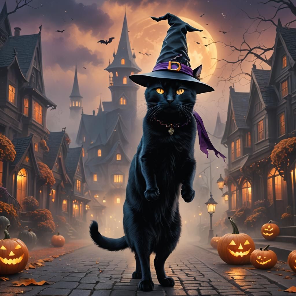 Black Cat's Halloween Stroll in Kinkade Style